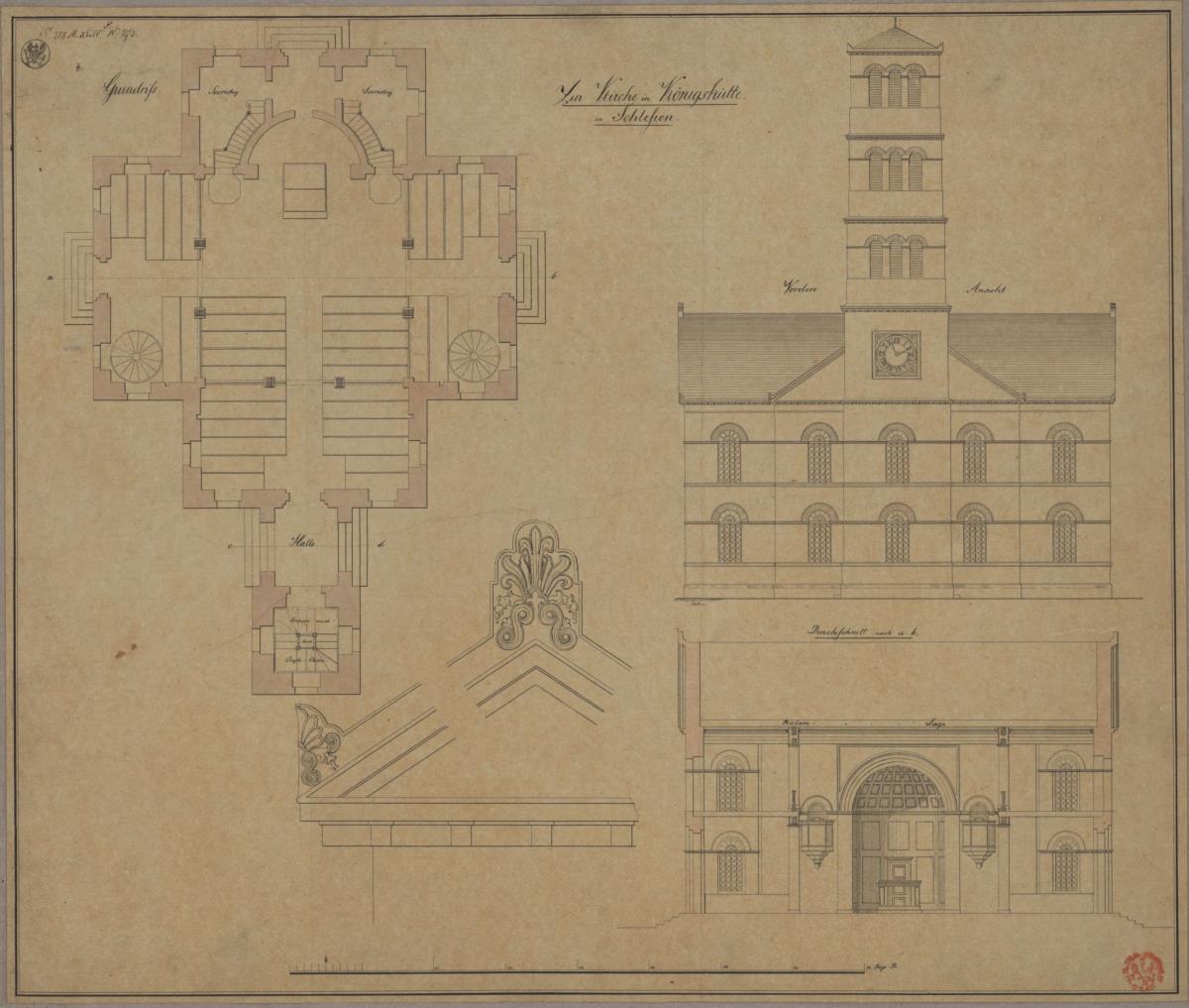 Königshütte (Chorzów, Regierungsbezirk Oppeln). Entwurf zur Elisabethkirche. Grundriss, Aufriss, Querschnitt und Detail des Giebels