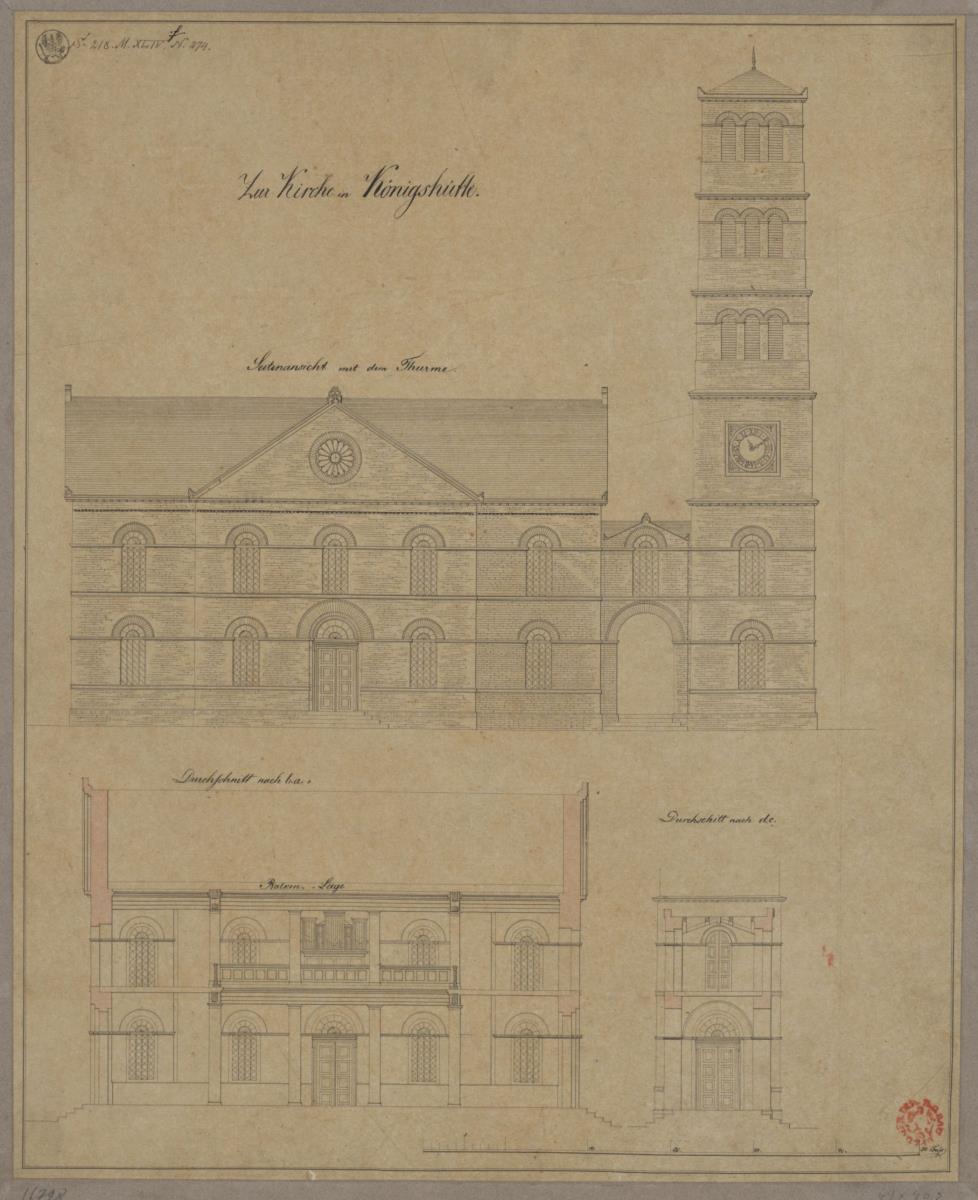 Königshütte (Chorzów, Regierungsbezirk Oppeln). Entwurf zur Elisabethkirche. Aufriss der Seitenfront, Querschnitt und Turmquerschnitt