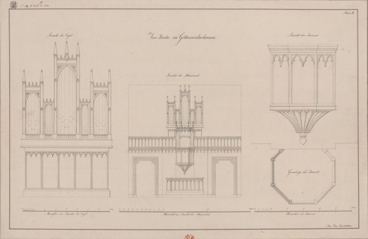 Götterswickerhamm bei Dinslaken. Entwurf zu einer Kirche. Altarwand, Orgel und Kanzel. Ansicht und Details
