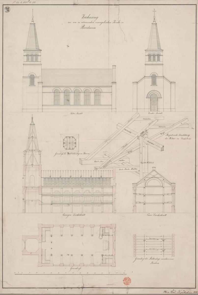 Birnbaum (Międzychód), ehemals Regierungsbezirk Posen (Województwo Wielkopolskie). Entwurf zur evangelischen Kirche. Grundriss, Längendurchschnitt, Querschnitt, Seitenansicht, Vorderansicht und Details der Holzverbindungen
