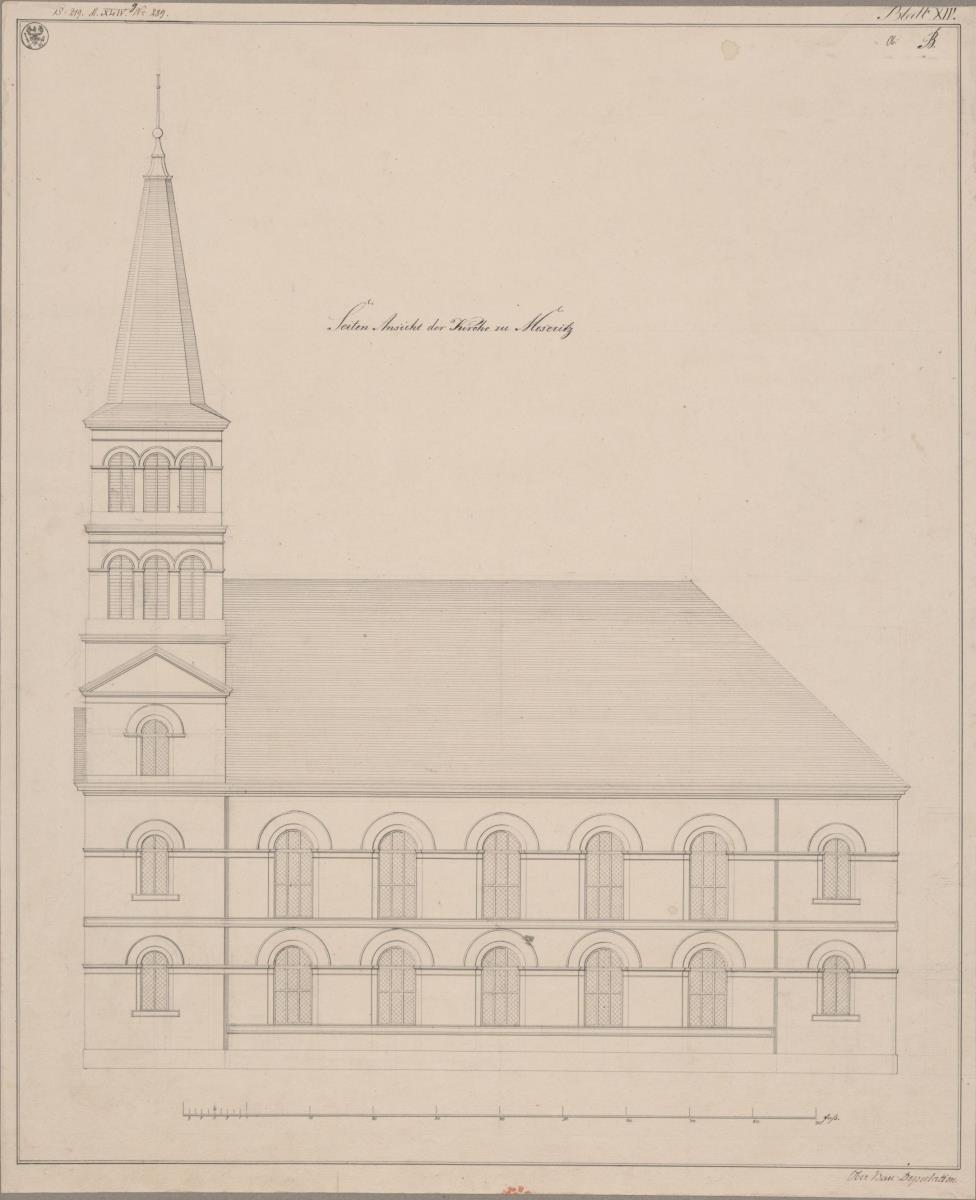 Meseritz (Międzyrzecz), ehemals Regierungsbezirk Posen (Województwo Lubuskie). Entwurf zur evangelischen Kirche. Seitenansicht