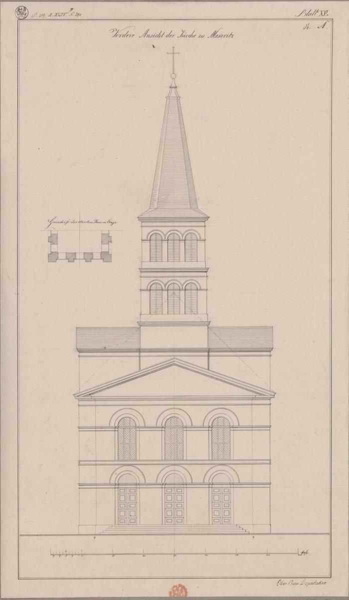 Meseritz (Międzyrzecz), ehemals Regierungsbezirk Posen (Województwo Lubuskie). Entwurf zur evangelischen Kirche. Vorderansicht und halber Grundriss der obersten Turmetage