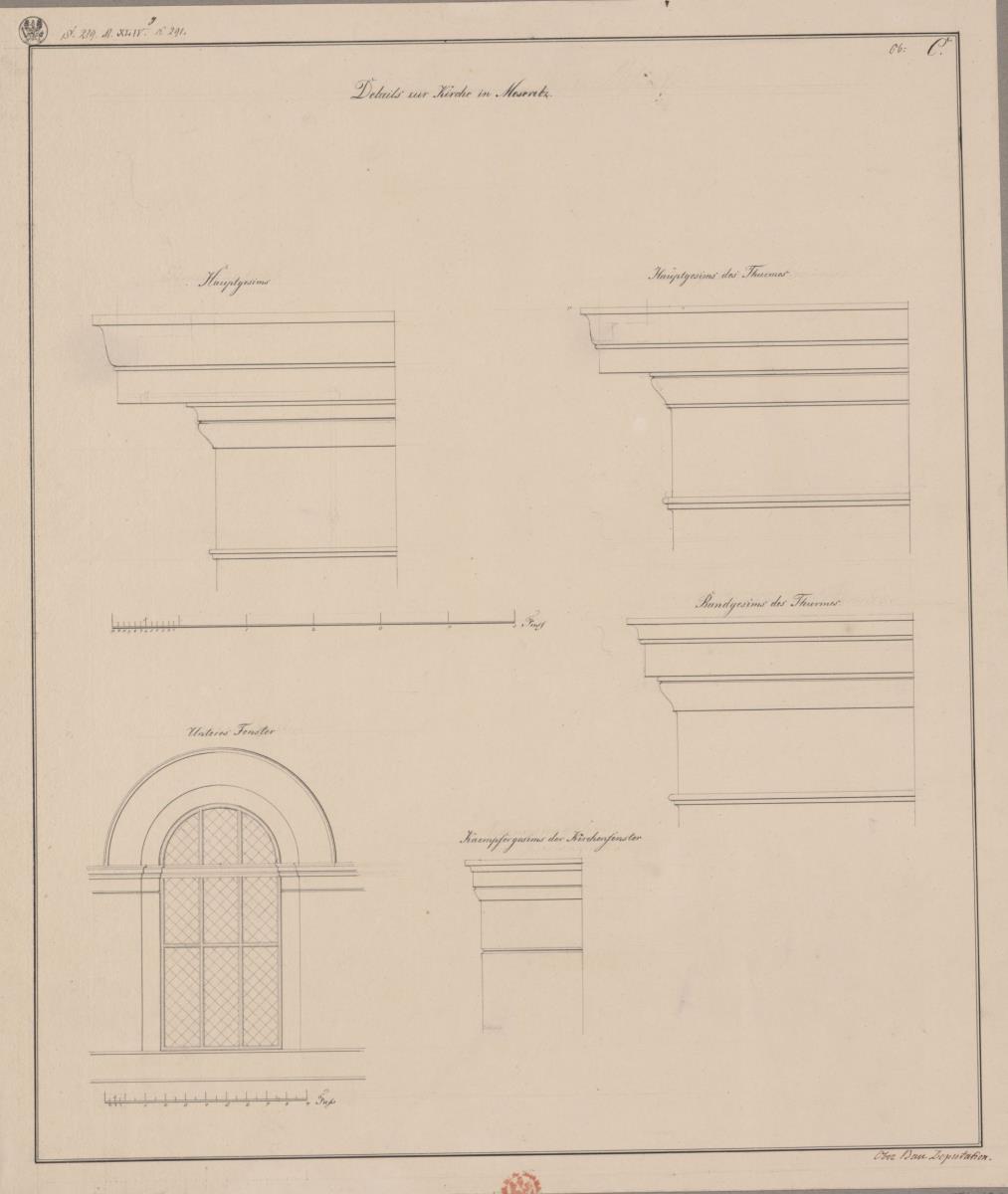 Meseritz (Międzyrzecz), ehemals Regierungsbezirk Posen (Województwo Lubuskie). Entwurf zur evangelischen Kirche. Details der Fenster und Gesimse