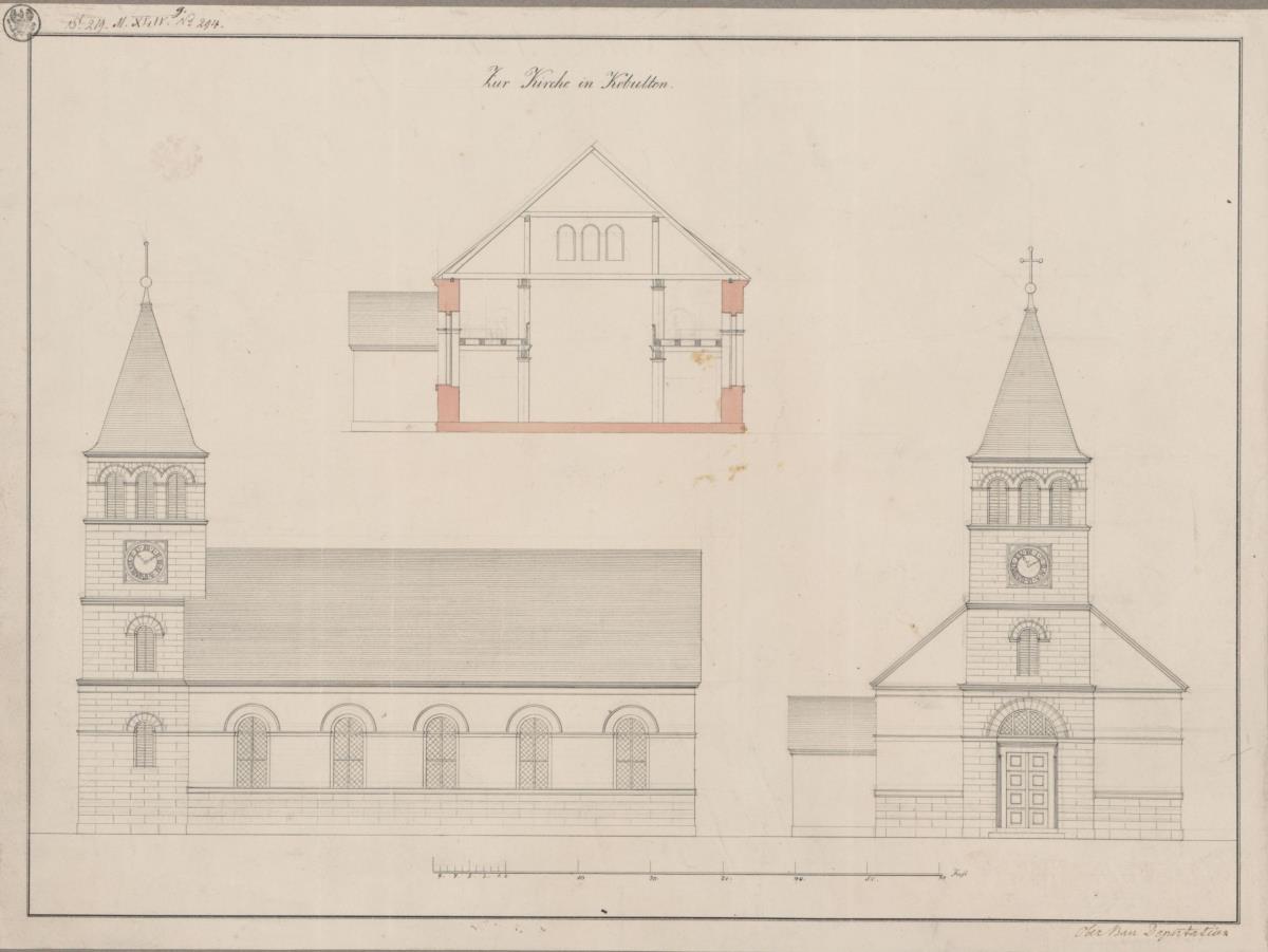 Kobulten (Kobulty), ehemals Kreis Ortelsburg, Regierungsbezirk Königsberg (Województwo Warmińsko-Mazurskie). Entwurf zur evangelischen Kirche. Profil, Seiten- und Vorderansicht