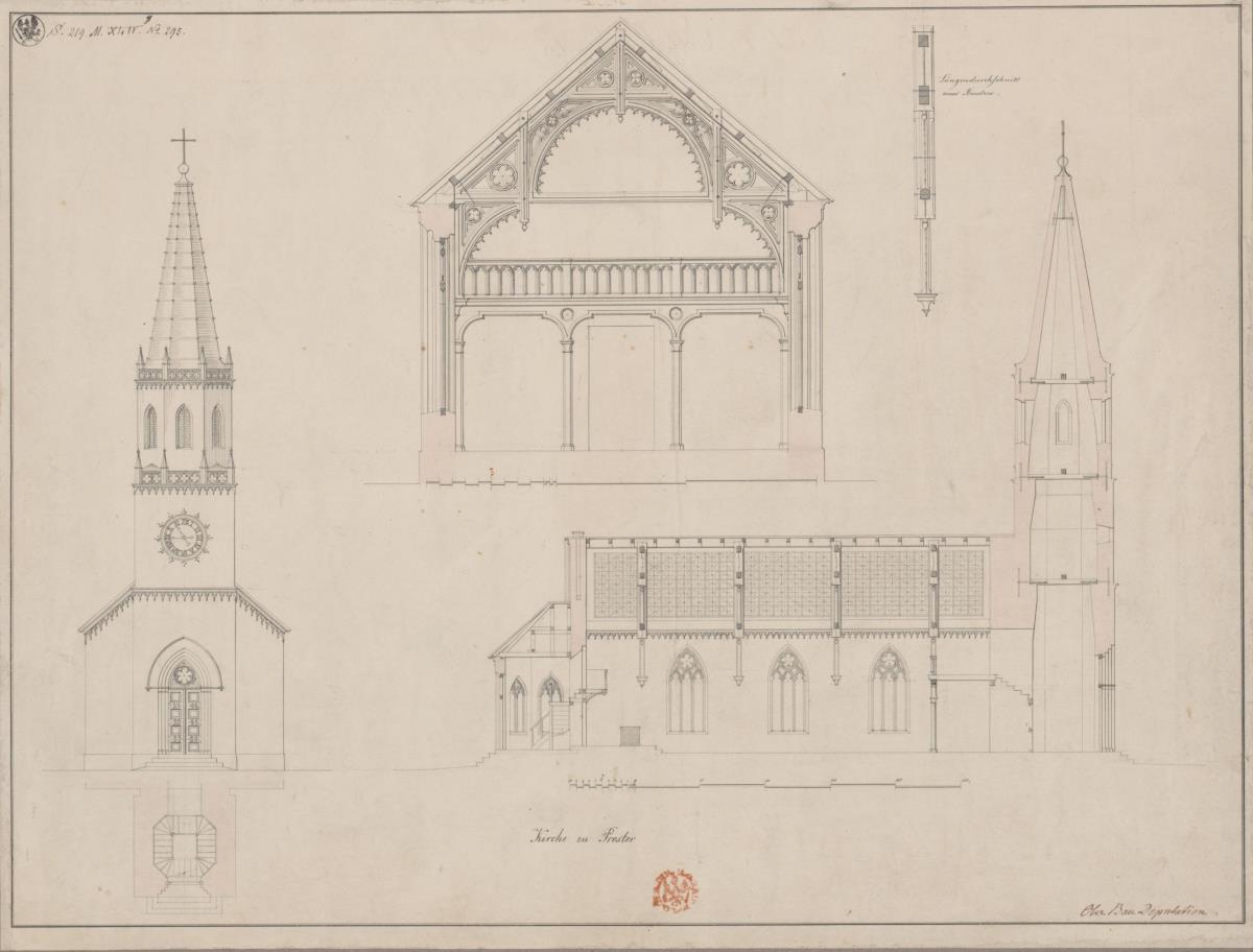 Magdeburg, Prester. Entwurf zur Immanuelkirche. Aufriss, Längen- und Querschnitt
