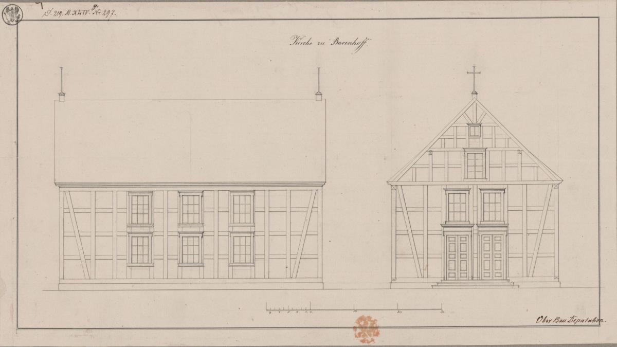 Baarenhof (Dworek), ehemals Kreis Marienburg, Regierungsbezirk Danzig (Województwot Pomorskie). Entwurf zur evangelischen Kirche. Vorder- und Seitenansicht