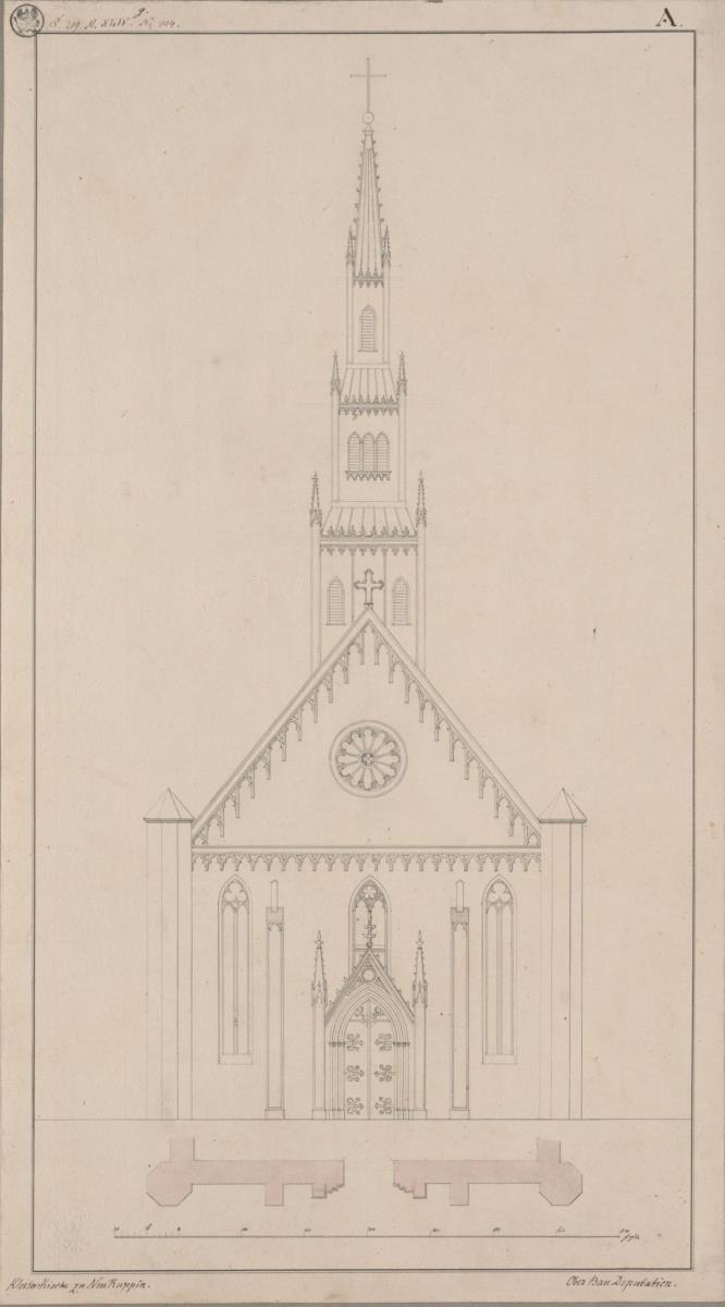 Neuruppin. Dominikanerklosterkirche. Entwurf zum Dachreiter an der Westseite. Aufriss und Teilgrundriss der Westseite