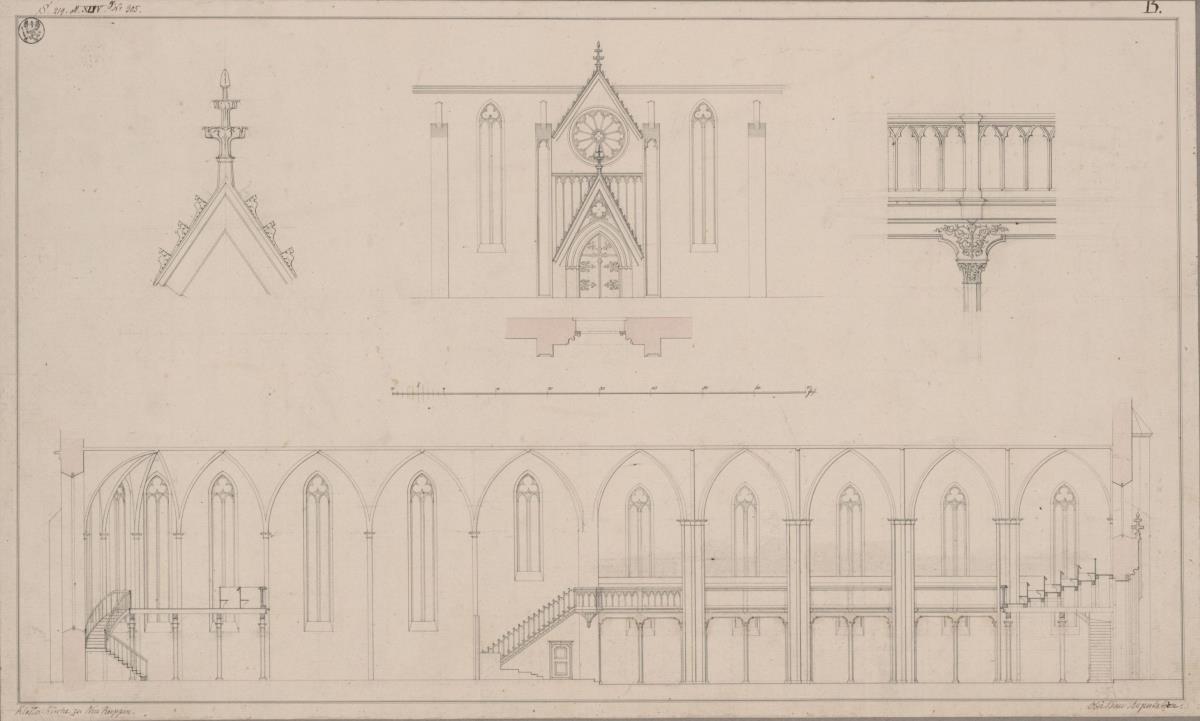 Neuruppin. Dominikanerklosterkirche. Restaurierungsentwurf. Längsschnitt, Aufriss und Grundriss der Nordseite, Empore und Blütenspitze des Portals