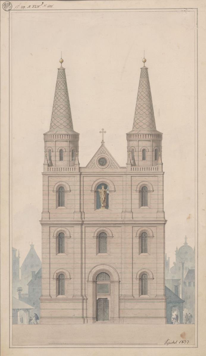 Brieg (Brzeg, Regierungsbezirk Breslau). Entwurf zum Turmausbau der Kreuzkirche. Aufriss der Westseite