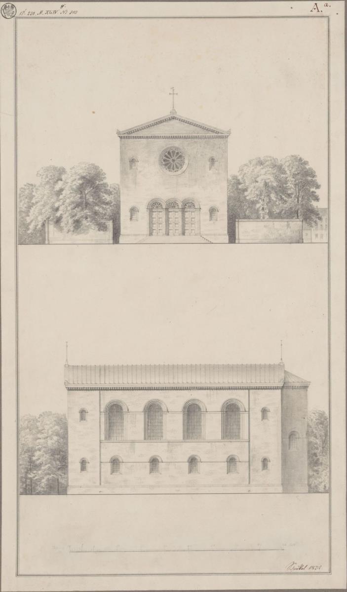 Berlin, Wedding. Entwurf zu einer Kirche. Vorder- und Seitenansicht