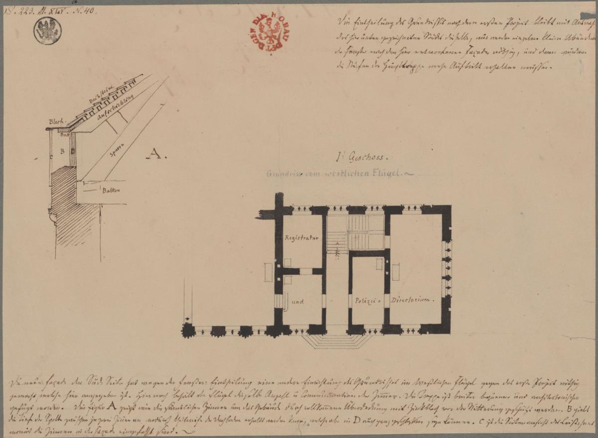 Kolberg (Kołobrzeg). Zweiter Entwurf zum Rathaus. Grundriss des Westflügels und Querschnitt des Dachansatzes