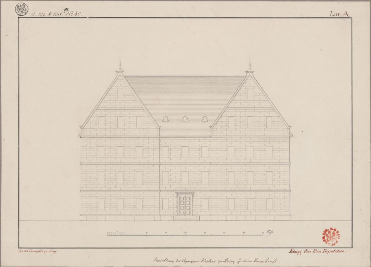 Brieg (Brzeg), ehemals Regierungsbezirk Breslau (Województwo Opolskie). Umbau des Kapuzinerklosters. Aufriss der Vorderseite
