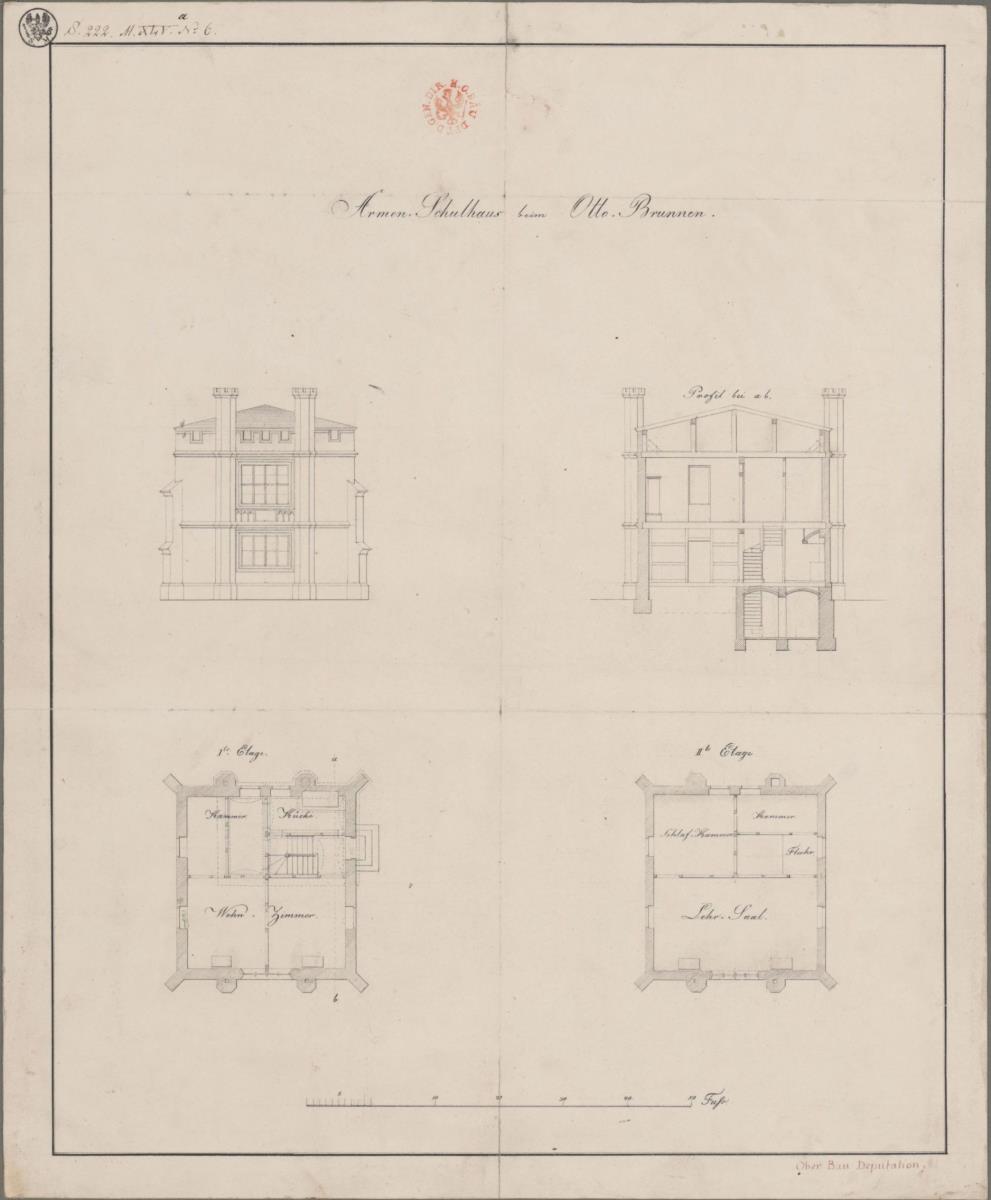 Pyritz (Pyrzyce). Armenschulhaus am Ottobrunnen. Grundriss, Aufriss und Profil