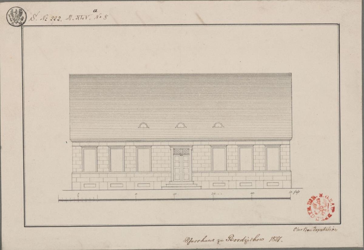 Bordzichow (Borzechowo), ehemals Kreis Stargard, Regierungsbezirk Danzig (Województwo Pomorskie). Entwurf zum Pfarrhaus. Aufriss