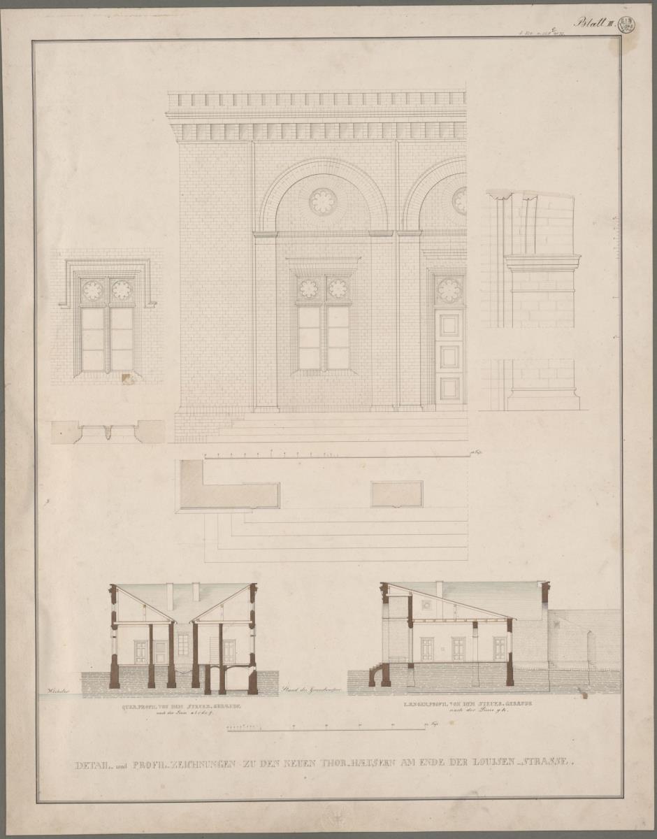 Berlin, Luisenstraße. Neues Tor. Querschnitt, Längsschnitt und Details des Steuergebäudes