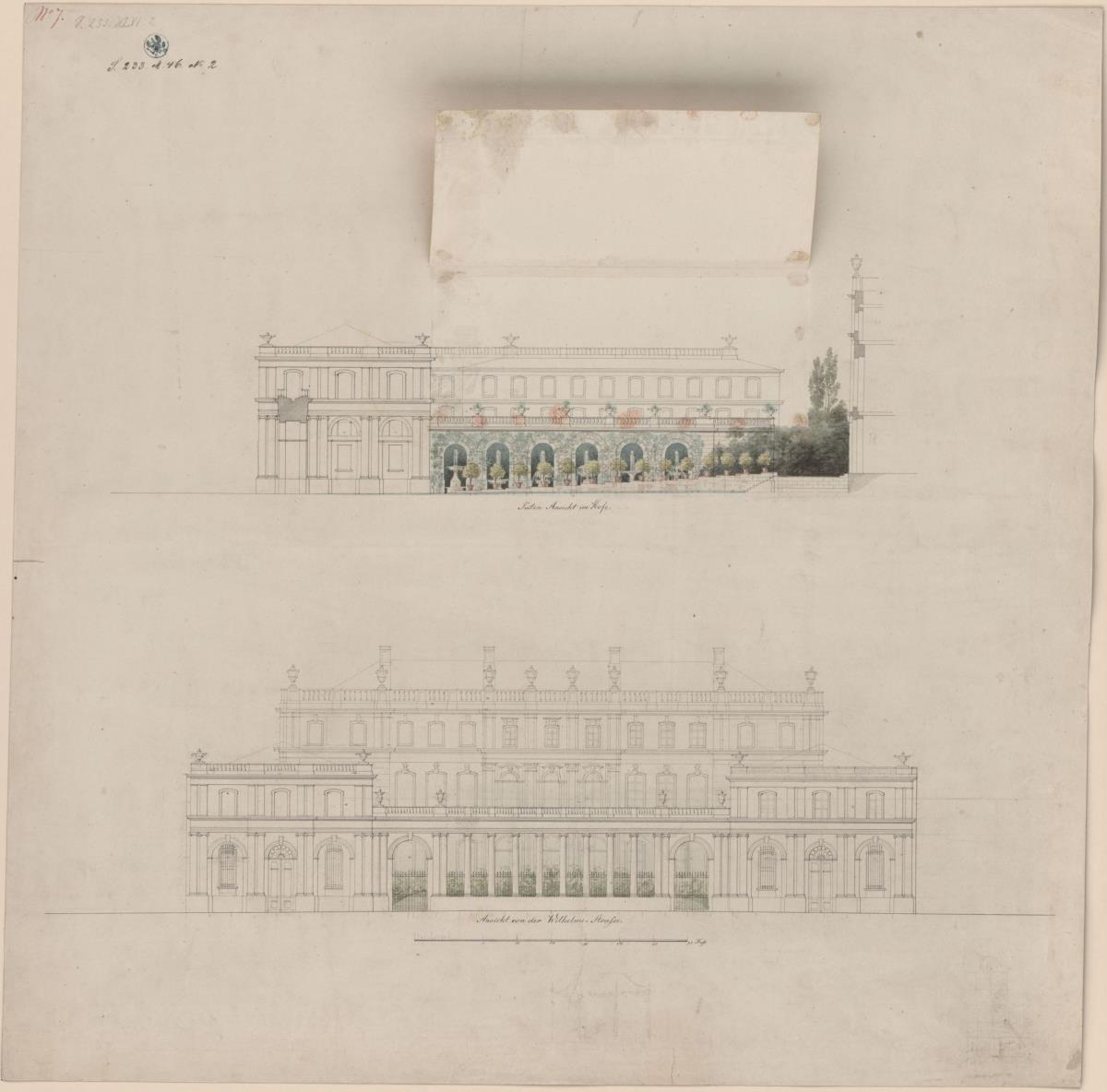 Berlin, Wilhelmstraße 102. Palais des Prinzen Albrecht von Preußen. Vorderansicht und Durchschnitt