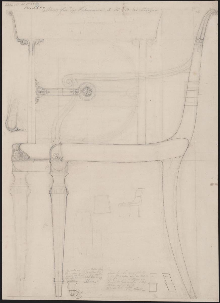 Berlin, Wilhelmplatz. Palais des Prinzen Karl von Preußen, Arbeitszimmer. Entwurf zu einem Stuhl