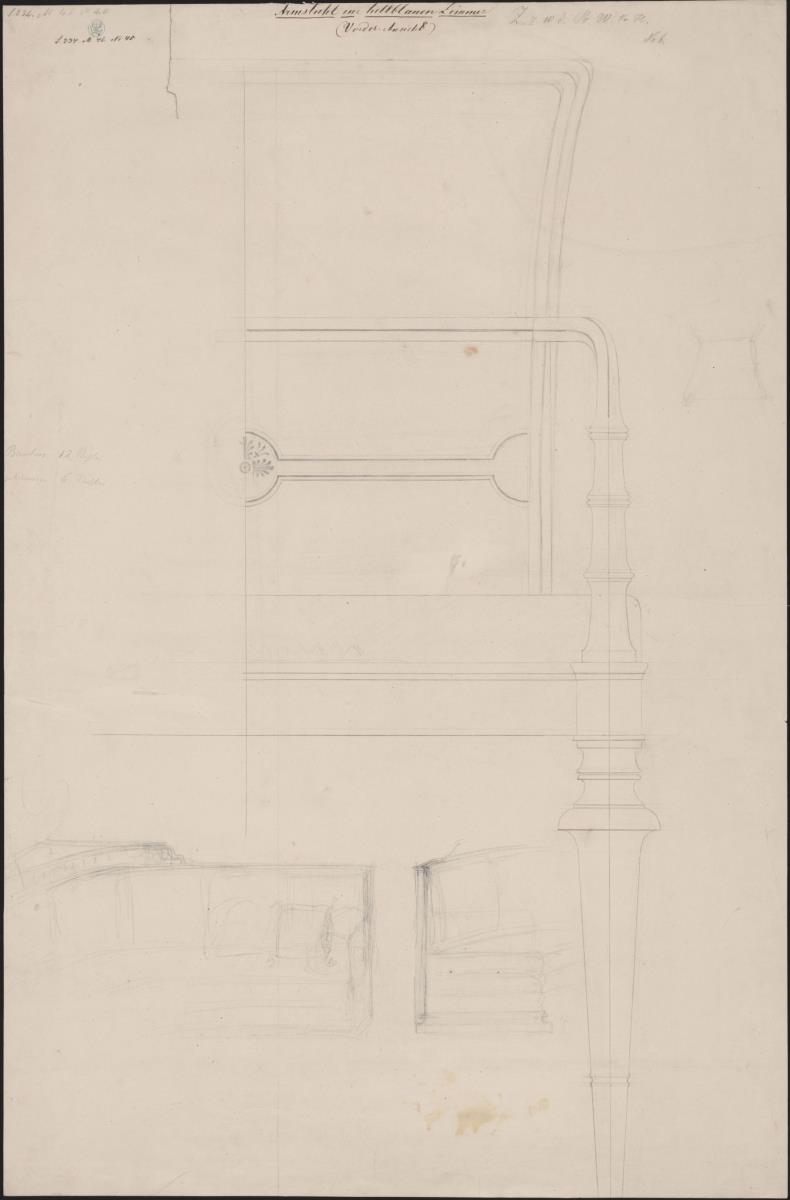 Berlin, Unter den Linden 37. Generalkommando, Wohnung des Prinzen Wilhelm von Preußen, Hellblaues Zimmer. Entwurf zu einem Armlehnstuhl