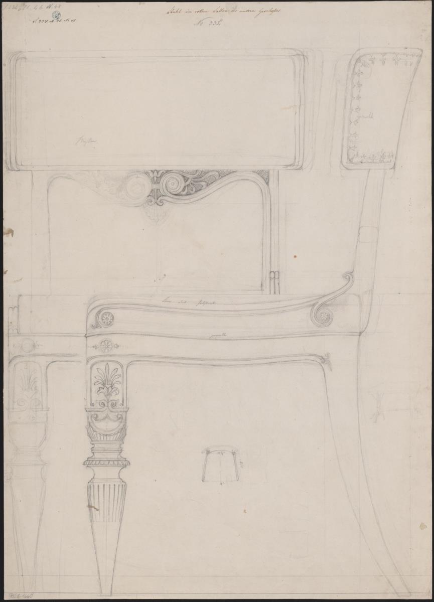 Berlin, Wilhelmplatz. Palais des Prinzen Karl von Preußen, Roter Salon oder Pompejanischer Saal. Entwurf zu einem Stuhl