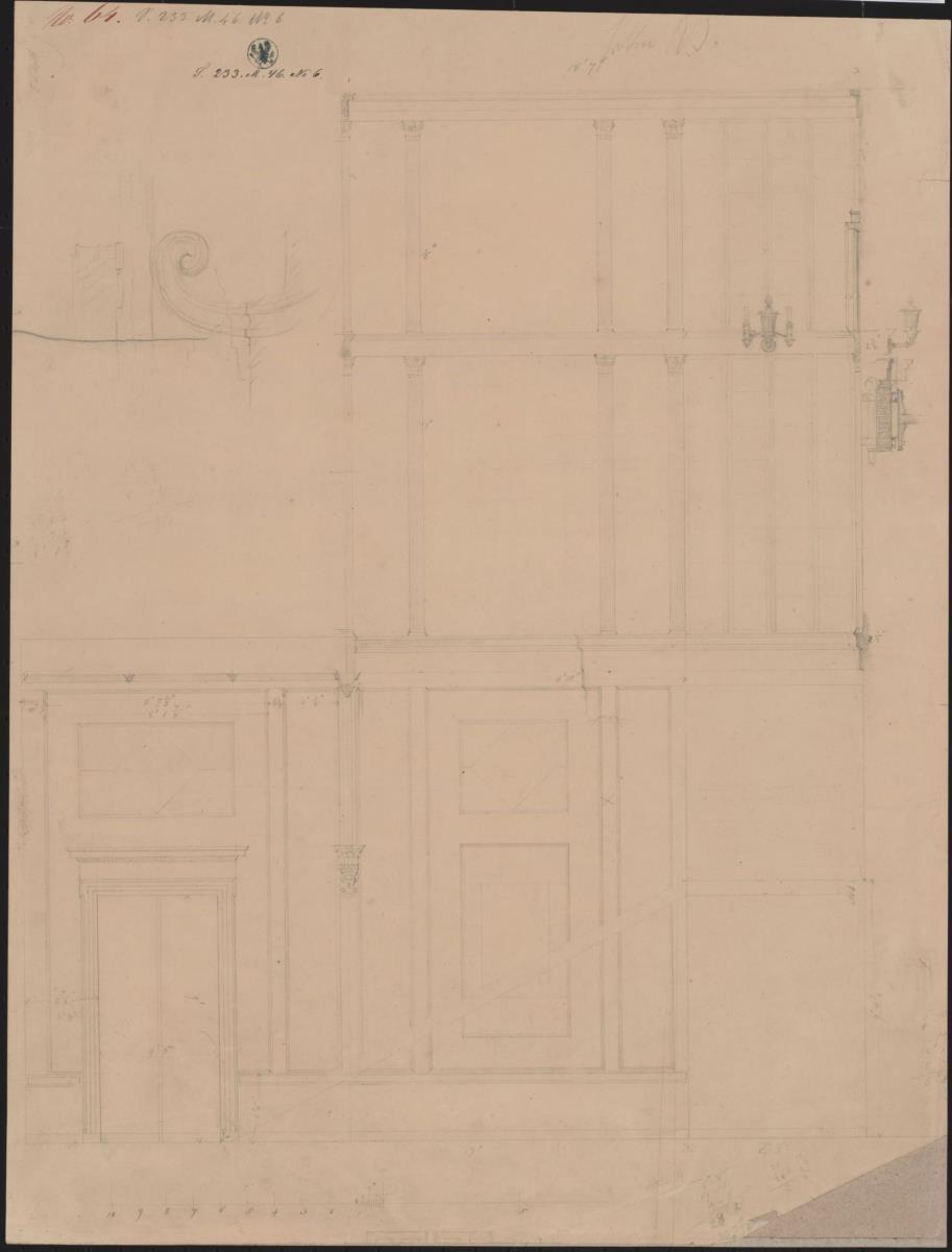 Berlin, Wilhelmstraße 102. Palais des Prinzen Albrecht von Preußen. Entwurf zum Treppenhaus mit Ölwandlampe