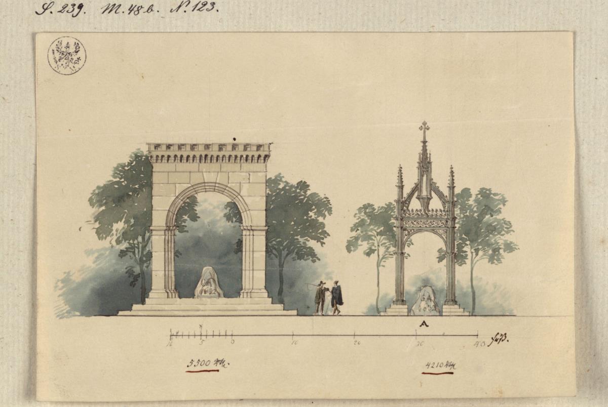 Lützen. Entwurf zu einem Denkmal für König Gustav II. Adolf von Schweden als vierseitig offene Bogenhalle und als Tabernakel über dem Schwedenstein