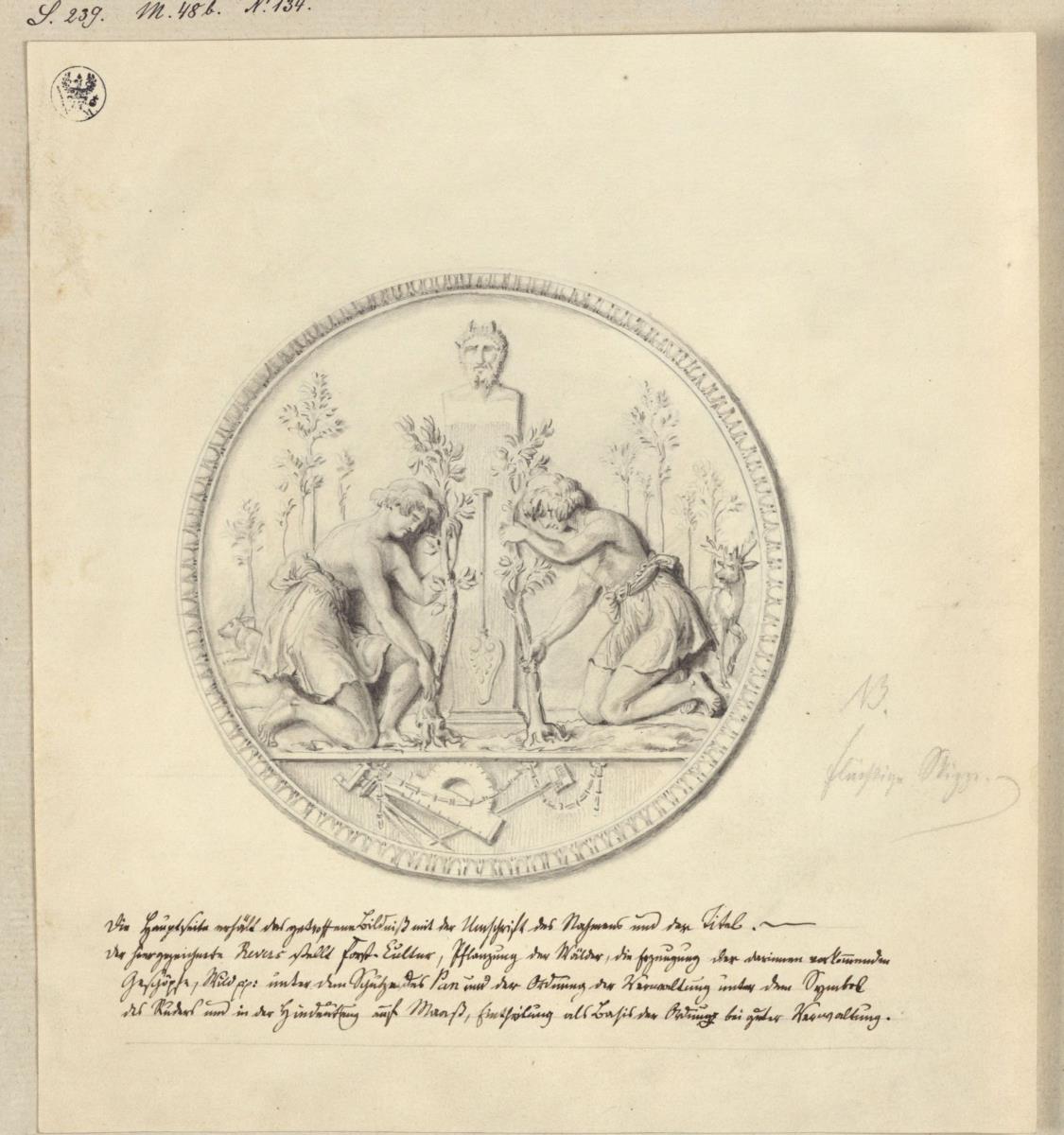 Die Entstehung der Kultur, symbolisiert durch das Pflanzen von Bäumen unter dem Schutz von Pan. Entwurf zum Revers einer Medaille