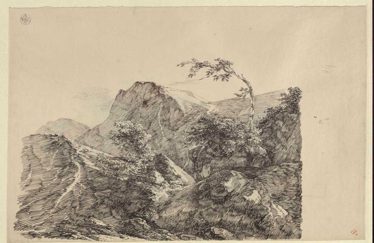 Gebirgslandschaft mit niedrigen Hütten im Vordergrund