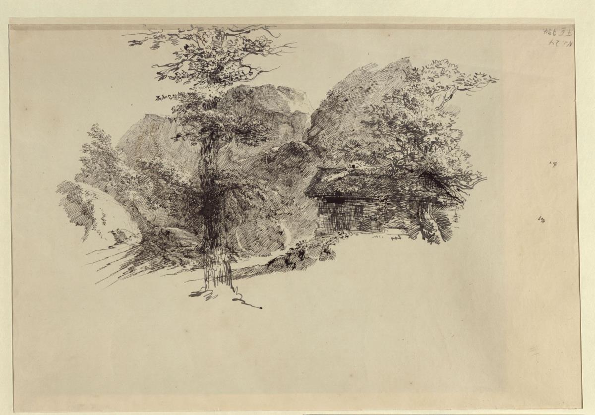 Gebirgslandschaft mit Hütte