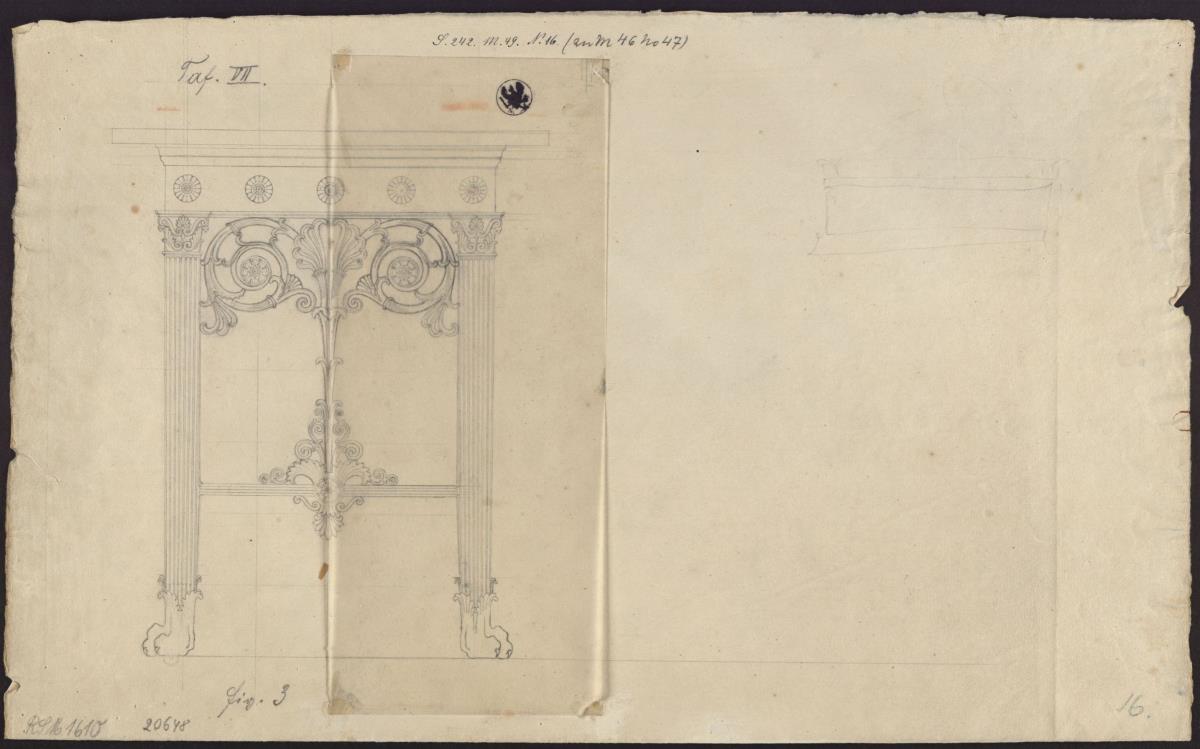 Berlin, Wilhelmplatz. Palais des Prinzen Karl von Preußen, Marmorsaal. Entwurf zu einem Tisch