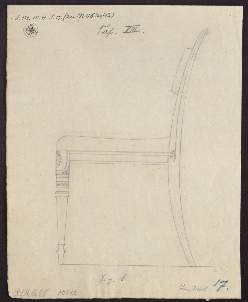 Berlin, Wilhelmplatz. Palais des Prinzen Karl von Preußen, Wohnzimmer. Entwurf zu einem Stuhl