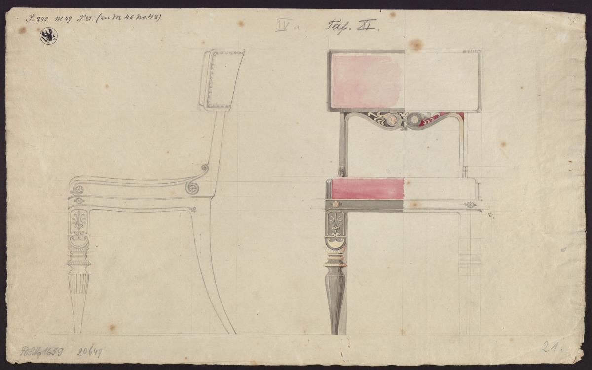 Berlin, Wilhelmplatz. Palais des Prinzen Karl von Preußen, Roten Salon. Entwurf zu einem Stuhl