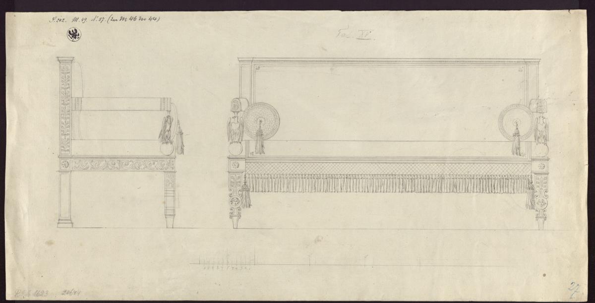 Berlin, Wilhelmstraße 102. Palais des Prinzen Albrecht von Preußen. Entwurf zu einem Sofa