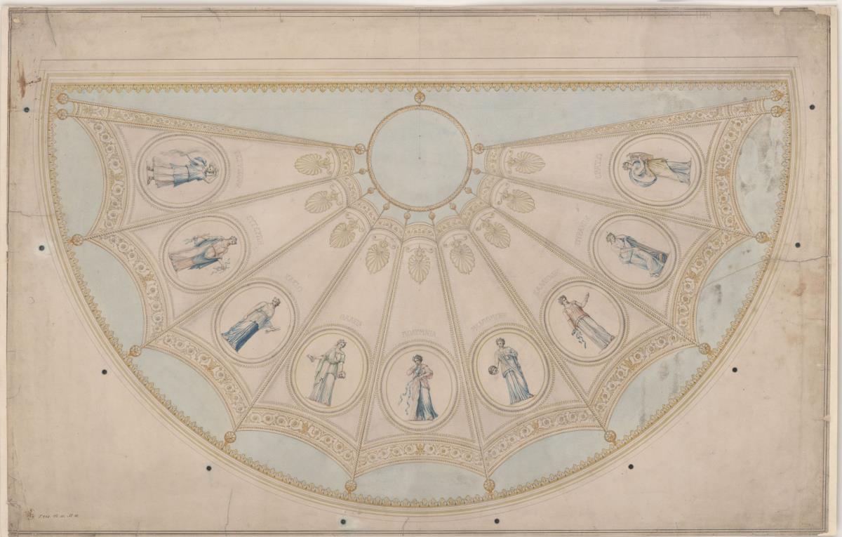 Berlin. Schauspielhaus auf dem Gendarmenmarkt,  Zuschauerraum. Ansicht des Deckenplafonds