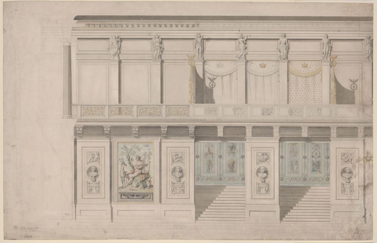 Berlin. Schauspielhaus auf dem Gendarmenmarkt, Konzertsaal. Aufriss der Längswand