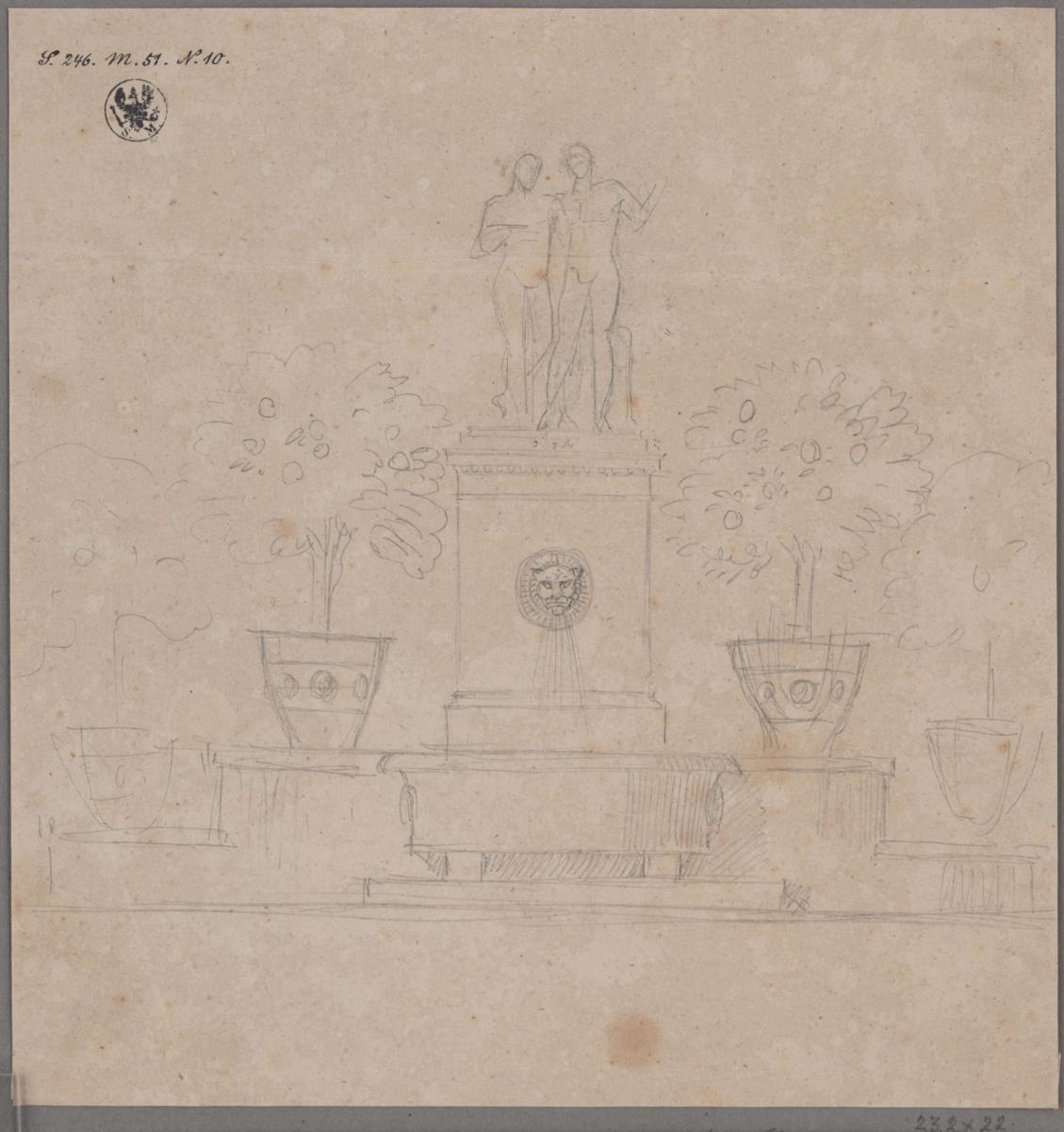 Berlin. Schloss Glienicke, Gartenhof. Entwurf für die Brunnenanlage mit der Ildefonso-Gruppe