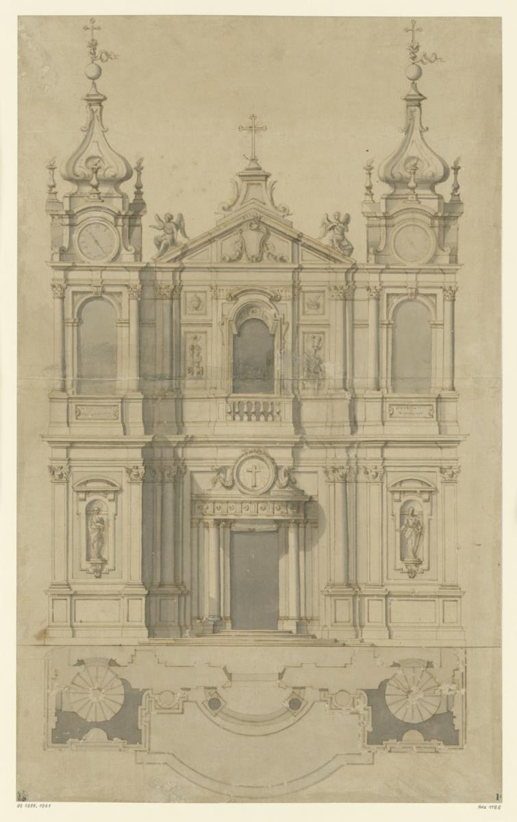 Entwurf für Kirchenfassade, Ansicht und Grundriss