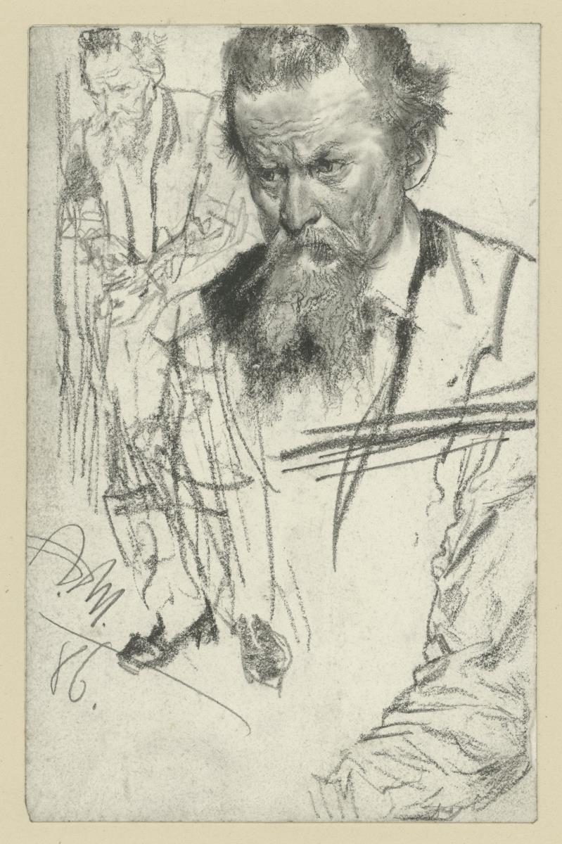 Brustbild eines Mannes mit Knebelbart, etwas nach links vorgeneigt, links: ein stehender Mann, nach links, rechts: Ärmelstudie