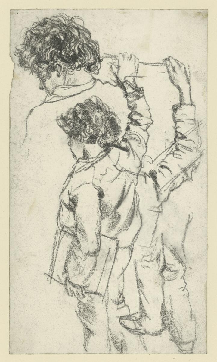 Knabe mit Schulmappe in der Linken, rechter Arm hoch, stehend nach Links. Mit Detailstudien