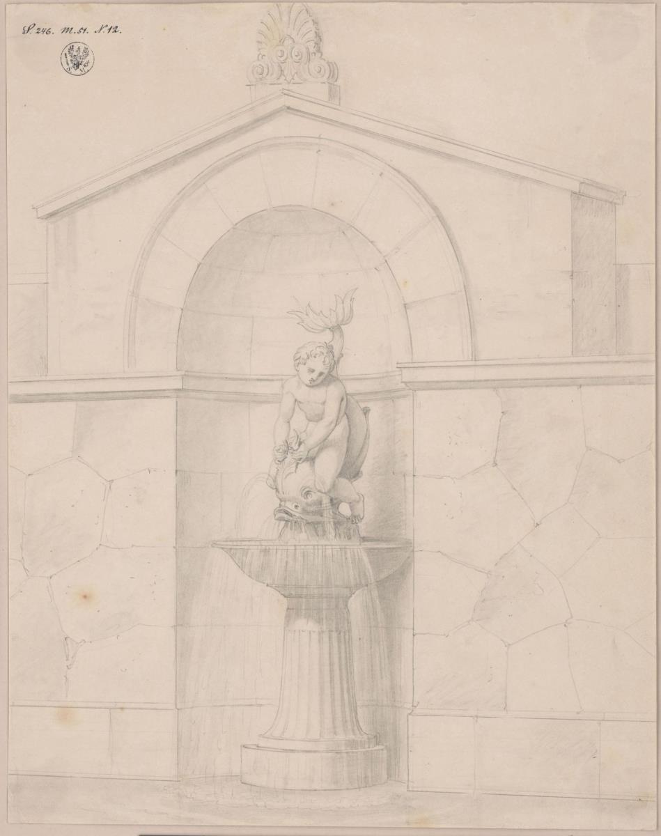 Potsdam-Sanssouci. Schloss Charlottenhof. Entwurf zum Nischenbrunnen in der Futtermauer des Pavillons am See mit delphinhaltendem Putto. Ansicht