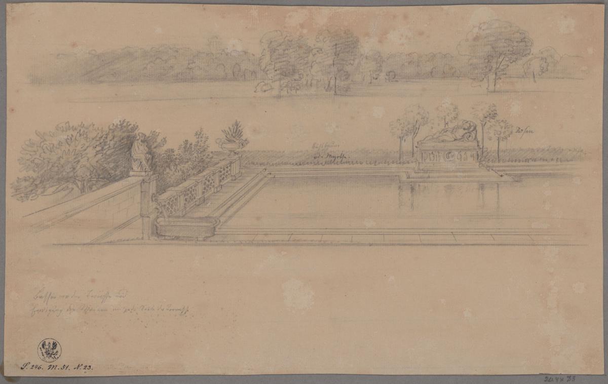 Potsdam-Sanssouci. Schloss Charlottenhof. Bassin vor der Terrasse mit liegender und sitzender Quellnymphe. Ansicht