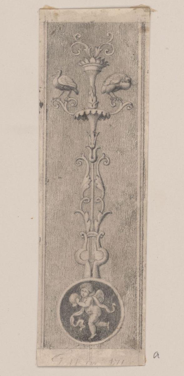 Ornament mit Rankenstabgroteske, Putto mit Helm und zwei Vögeln