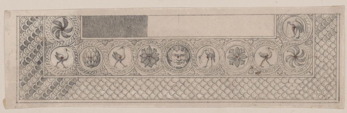 Römisches Fußbodenmosaik mit Medaillons: Weinranke, Alcaschofas, Dionysoskopf (?) und Störchen