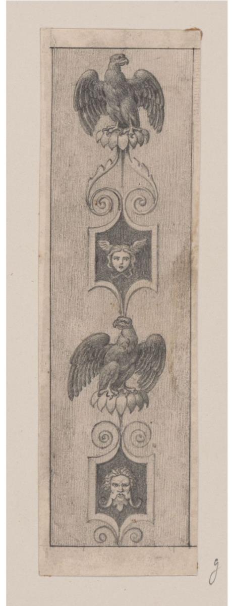 Ornament mit Rankenstabgroteske, zwei Adlern und Schildern mit Köpfen
