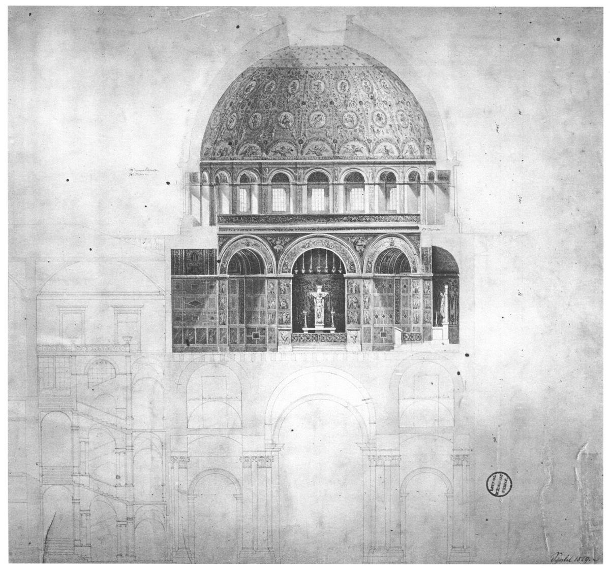 Berlin. Schloss. Entwurf zur Kapelle über Portal III und zur Treppe zum Weißen Saal. Schnitt, mit Angabe der Innendekoration
