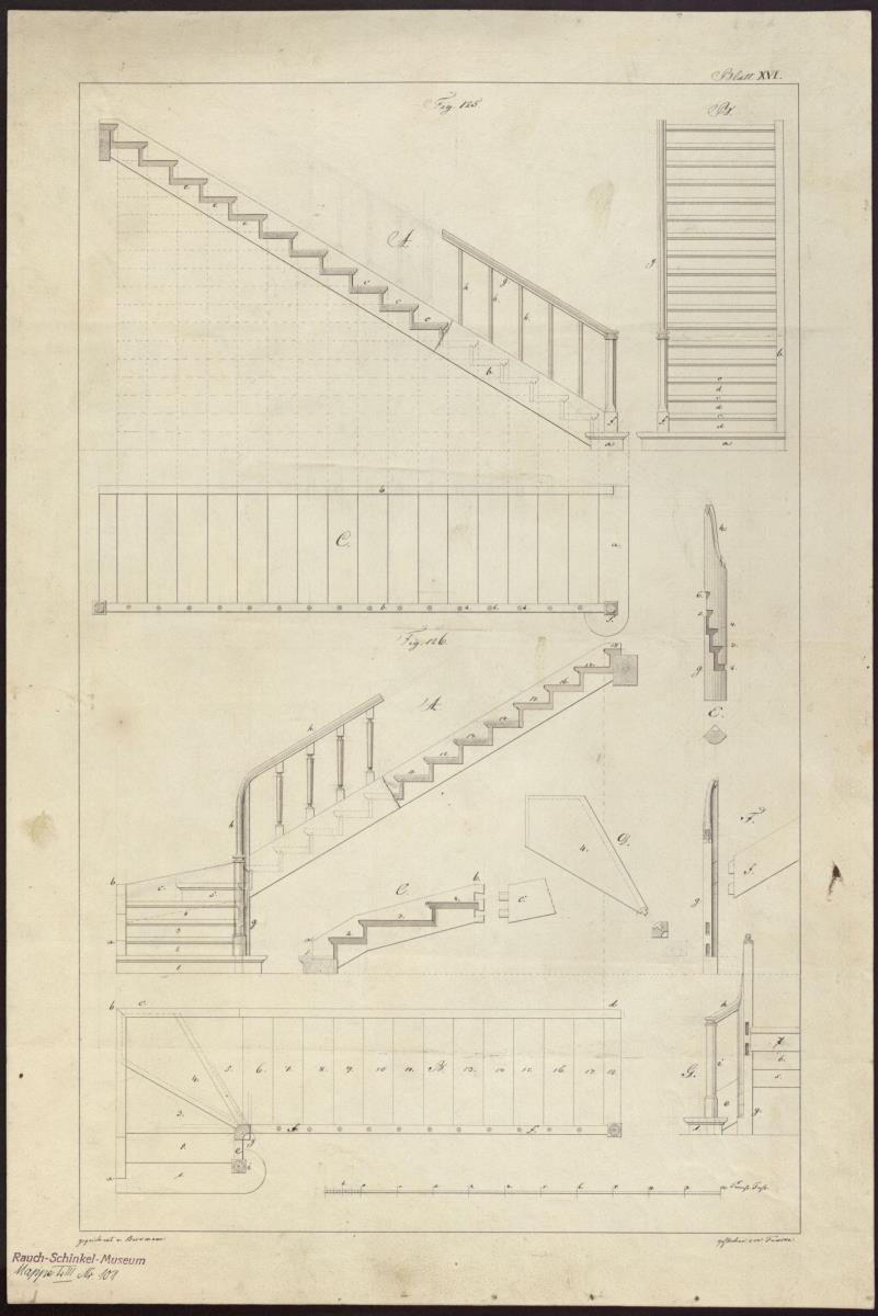 Einläufige Treppe. Grundriss, Aufriss, Schnitt, Details