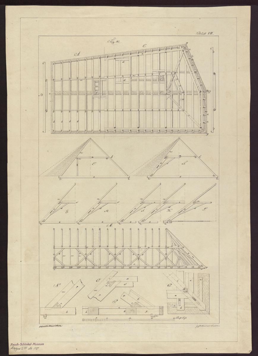 Holzkonstruktionen. Dachverbindungen und Sparren. Schnitte, Grundriss, Details