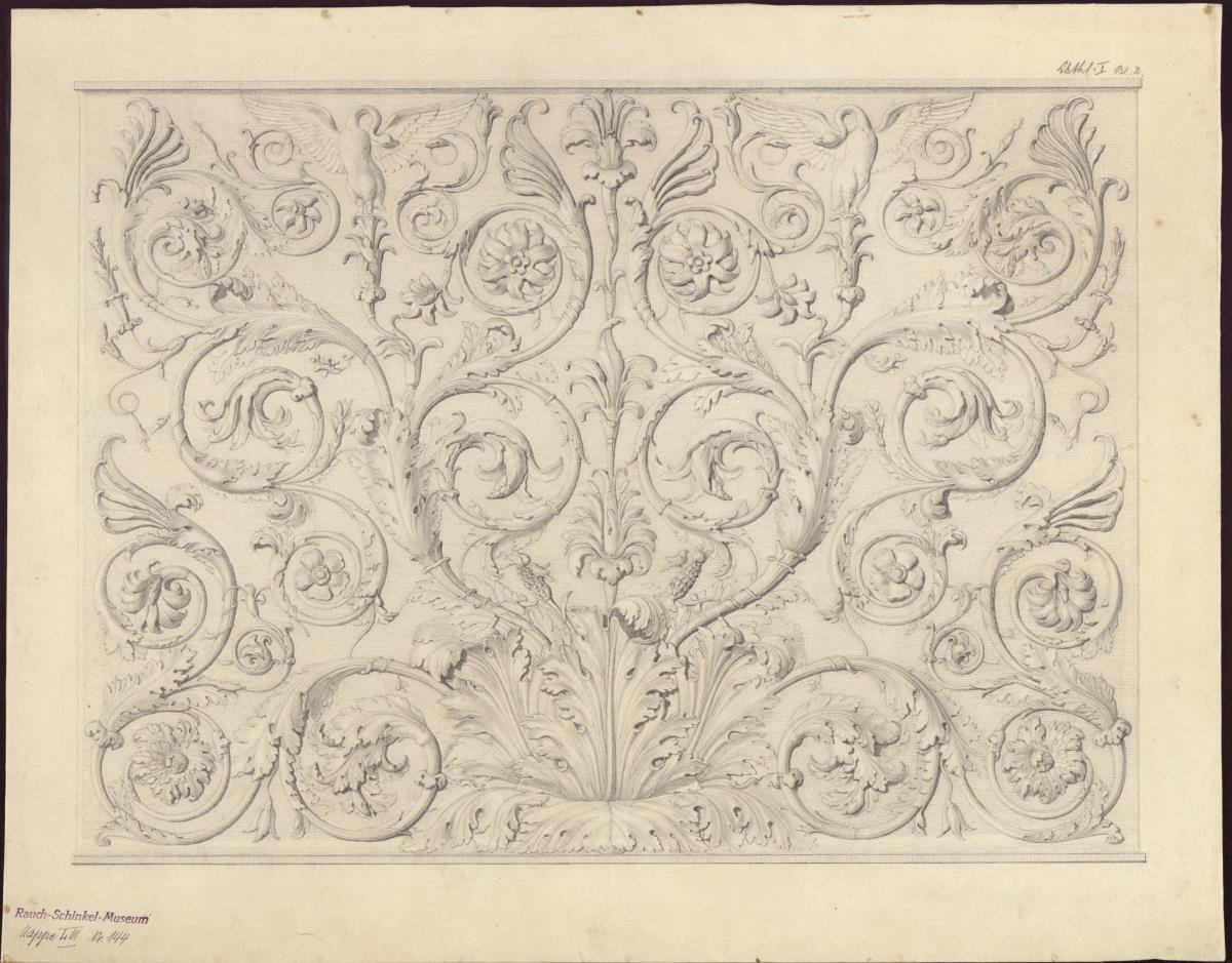 Vorzeichnung für die Vorbilder für Fabrikanten und Handwerker. Teil 2, Abteilung 1, Blatt 2: Antike Marmortafel mit Akanthusrelief aus dem Museo degli Uffizi in Florenz