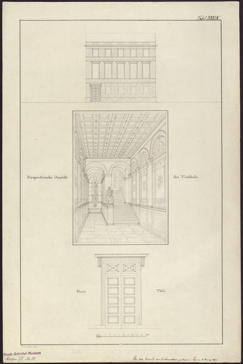 Entwurf zu einem städtischen Wohngebäude. Vorzeichnung zum Stich in der "Sammlung architektonischer Entwürfe", Heft 10, Tafel 63 (Variante), 1826