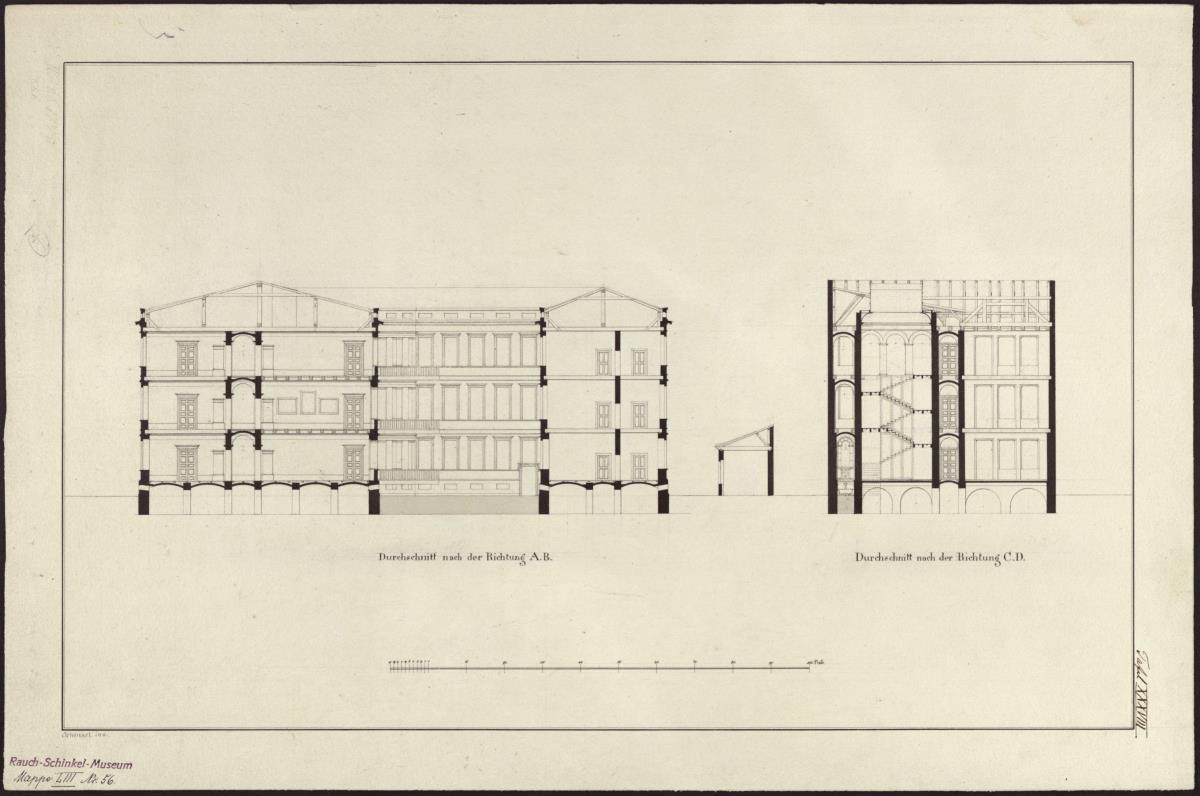 Entwurf zu einem städtischen Wohngebäude. Vorzeichnung (Schnitt rechts) zum Stich in der "Sammlung architektonischer Entwürfe", Heft 10, Tafel 64 (oben), 1826
