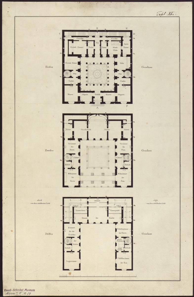 Entwurf zu einem städtischen Wohngebäude. Vorzeichnung zum Stich in der "Sammlung architektonischer Entwürfe", Heft 10, Tafel 62 (linke Hälfte), 1826